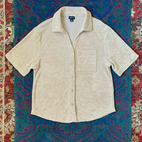 Gap Body beige Towel Terry button front short sleeve top - Picture 3 of 13